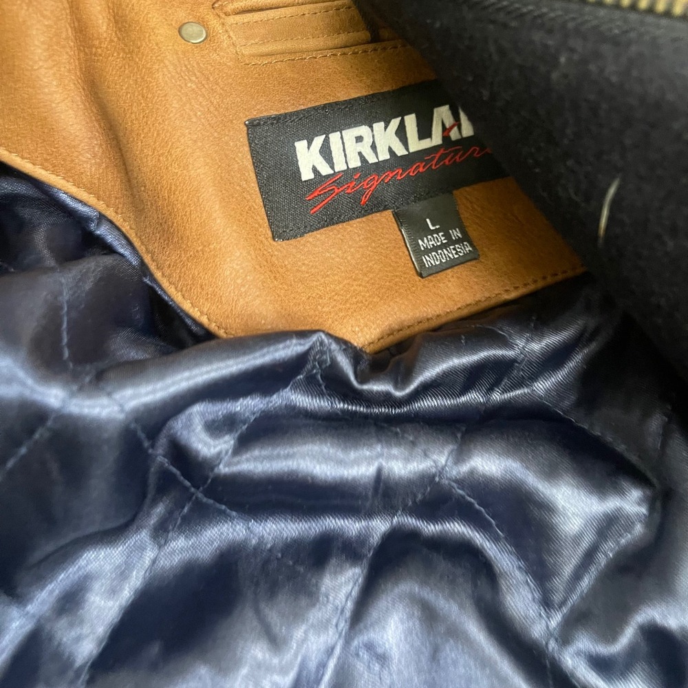 Kirkland NWT Mens Wool Leather Baseball Varsity Jacket Navy Brown Large NWT LG - Picture 11 of 14